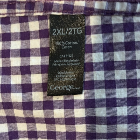 👛 (ANY 2/$20) GEORGE  100 percent cotton Long Sleeved Purple Checkered Shirt 2XL - Picture 5 of 5